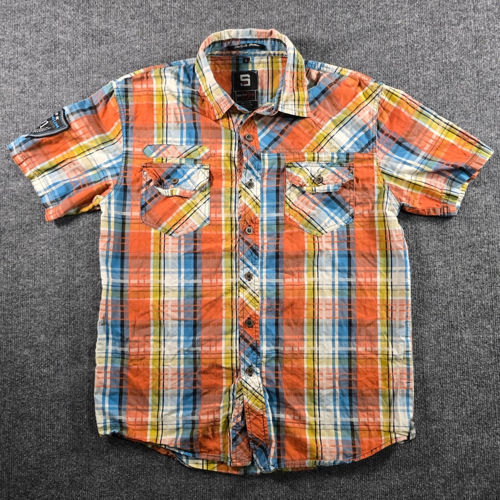 Southpole Premium Mens Short Sleeve Plaid Button Down Shirt Orange Blue Large